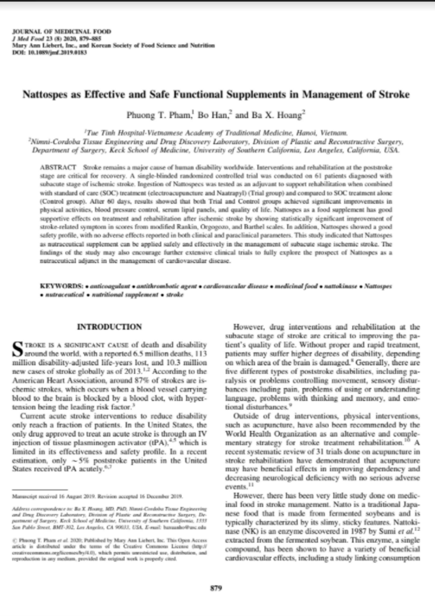 Nattospes as Effective and Safe Functional Supplements in Management of Stroke